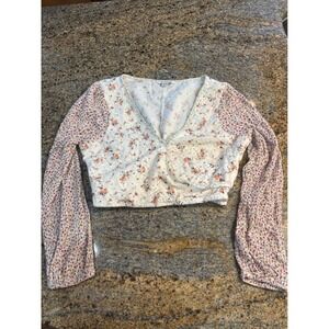 American Eagle Floral Eyelet Wrap Top Smocked Back Long Sleeve White Small